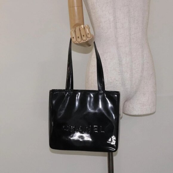 CHANEL Tote Bag Enamel Black Gold CC Auth - Picture 1 of 16